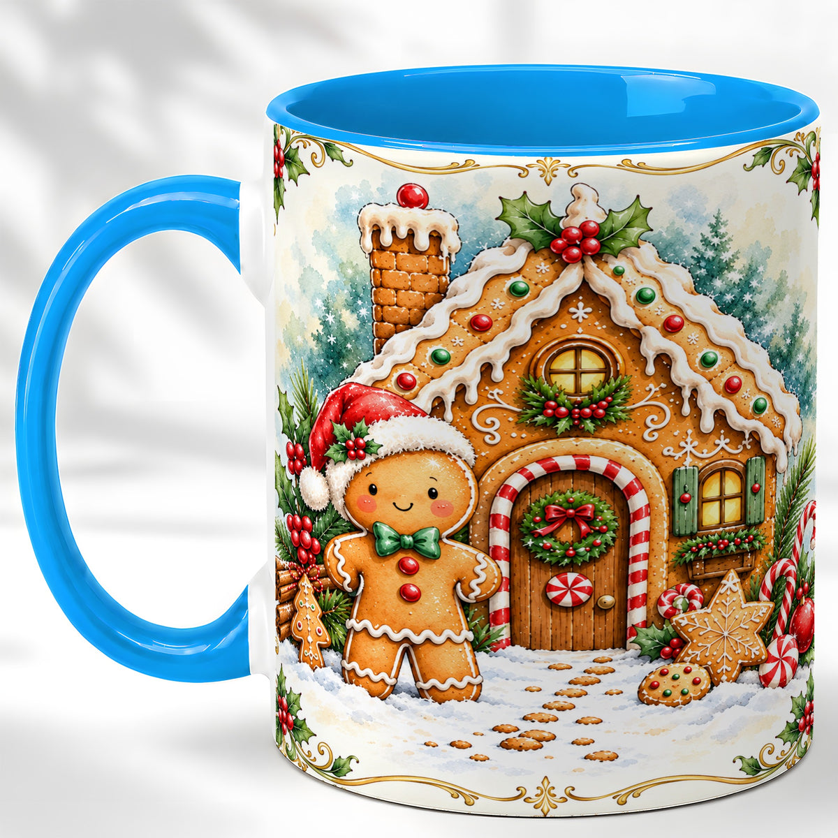#pl[11oz|Blue] Gingerbread House Coffee Mug, Christmas Cookie Mug, Ceramic Cup