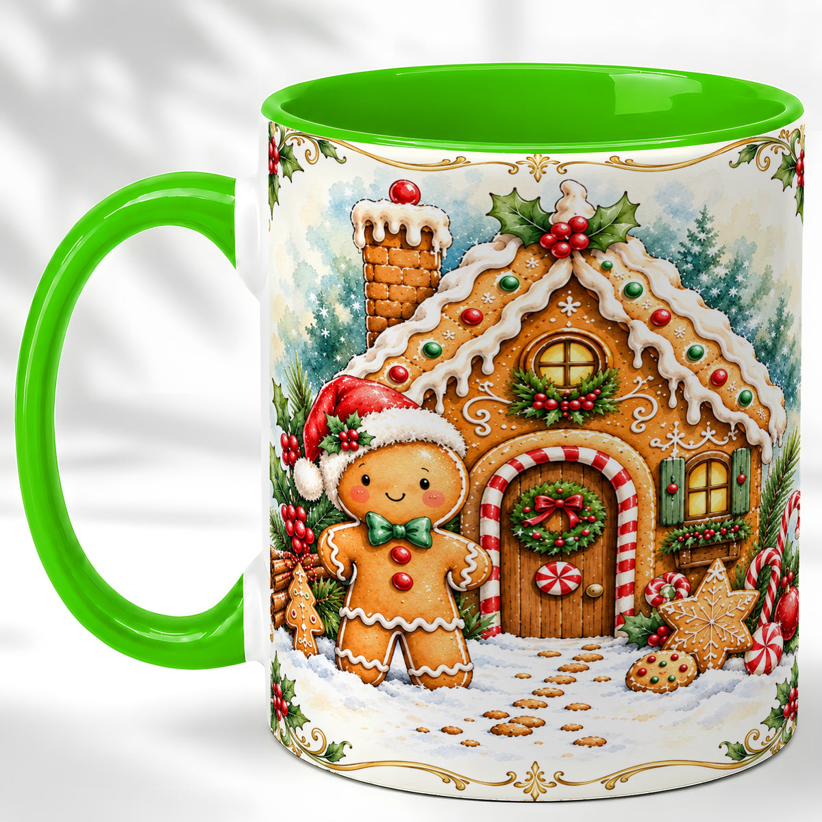 #pl[11oz|Green] Gingerbread House Coffee Mug, Christmas Cookie Mug, Ceramic Cup