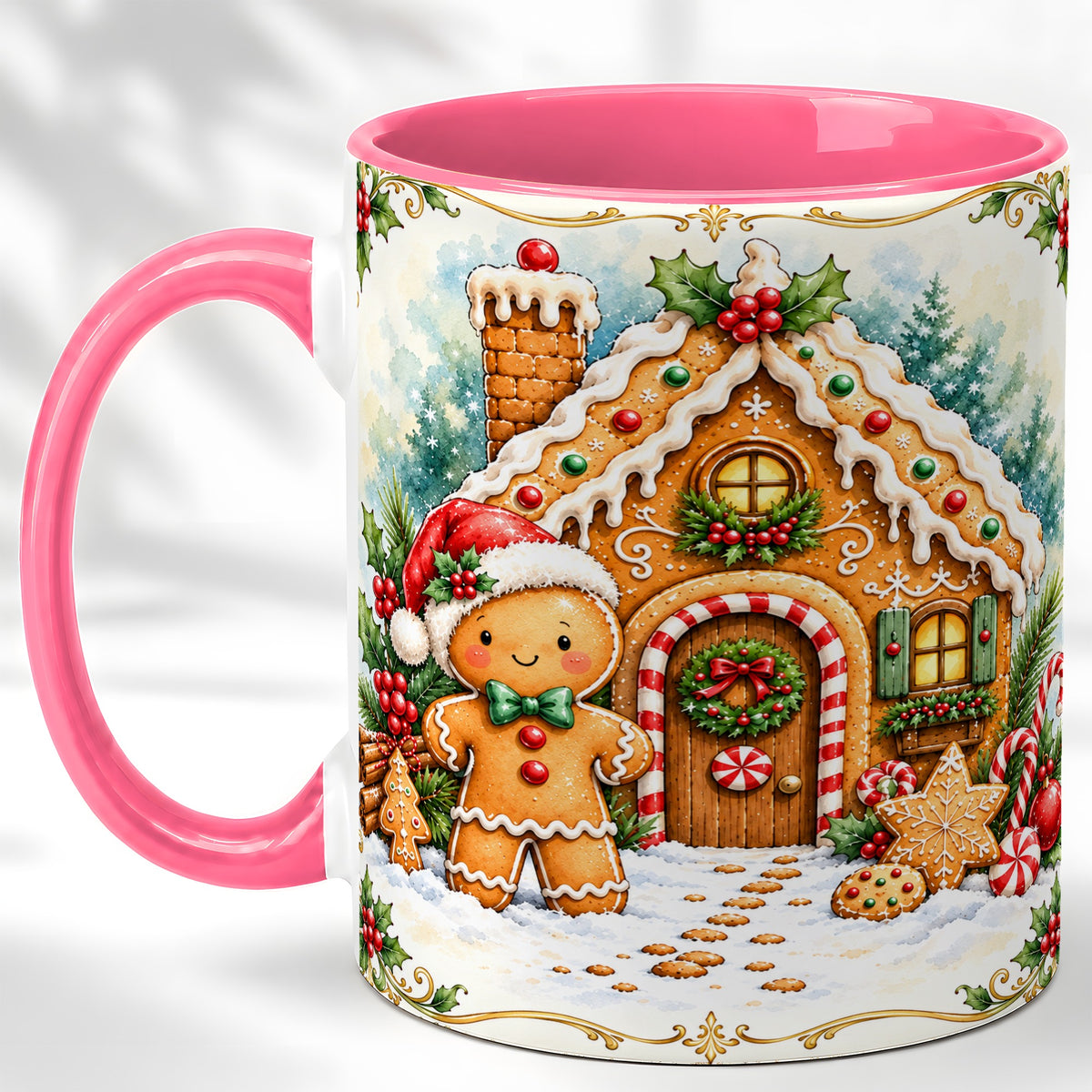 #pl[11oz|Pink] Gingerbread House Coffee Mug, Christmas Cookie Mug, Ceramic Cup