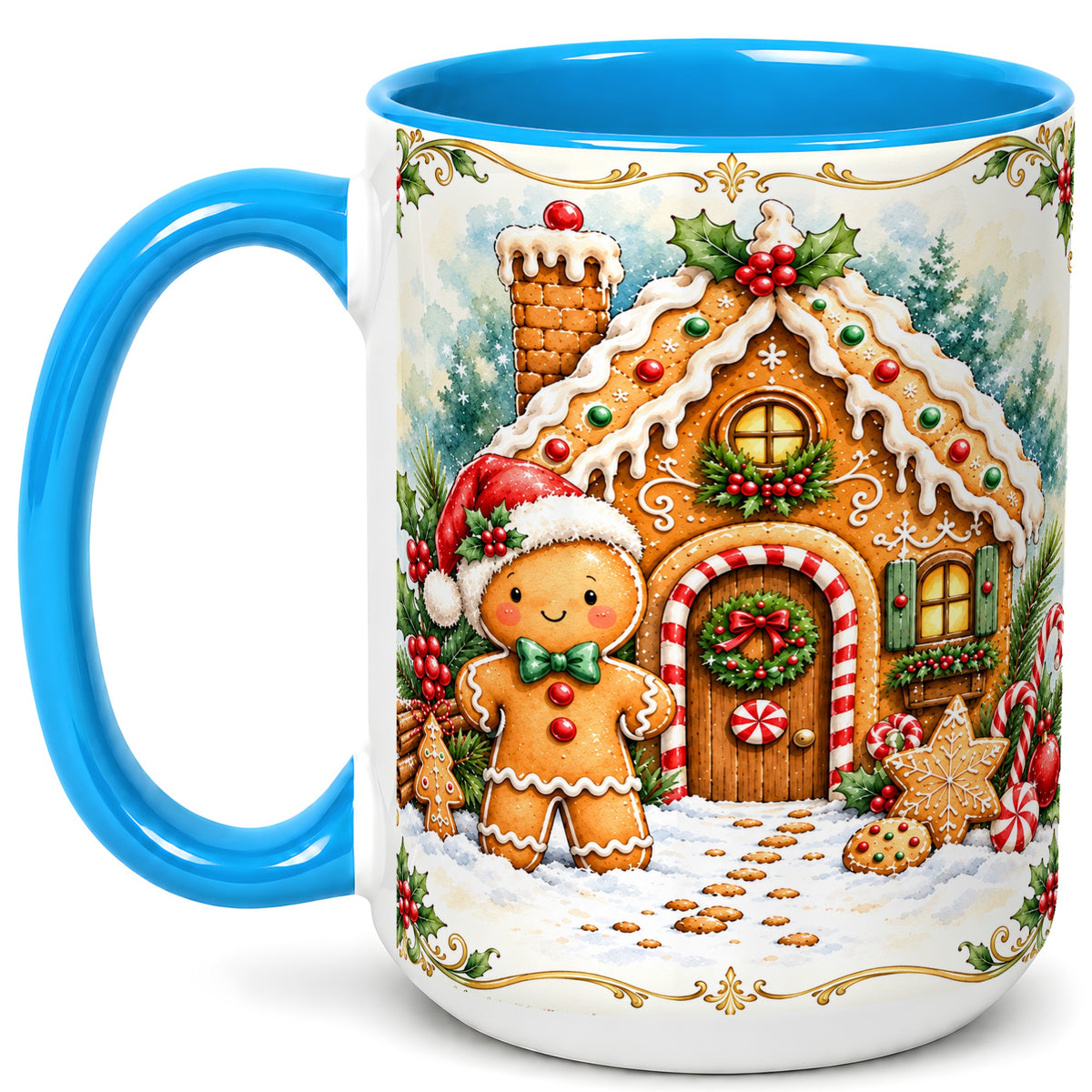 #pl[15oz|Blue] Gingerbread House Coffee Mug, Christmas Cookie Mug, Ceramic Cup