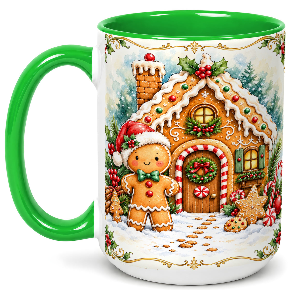 #pl[15oz|Green] Gingerbread House Coffee Mug, Christmas Cookie Mug, Ceramic Cup