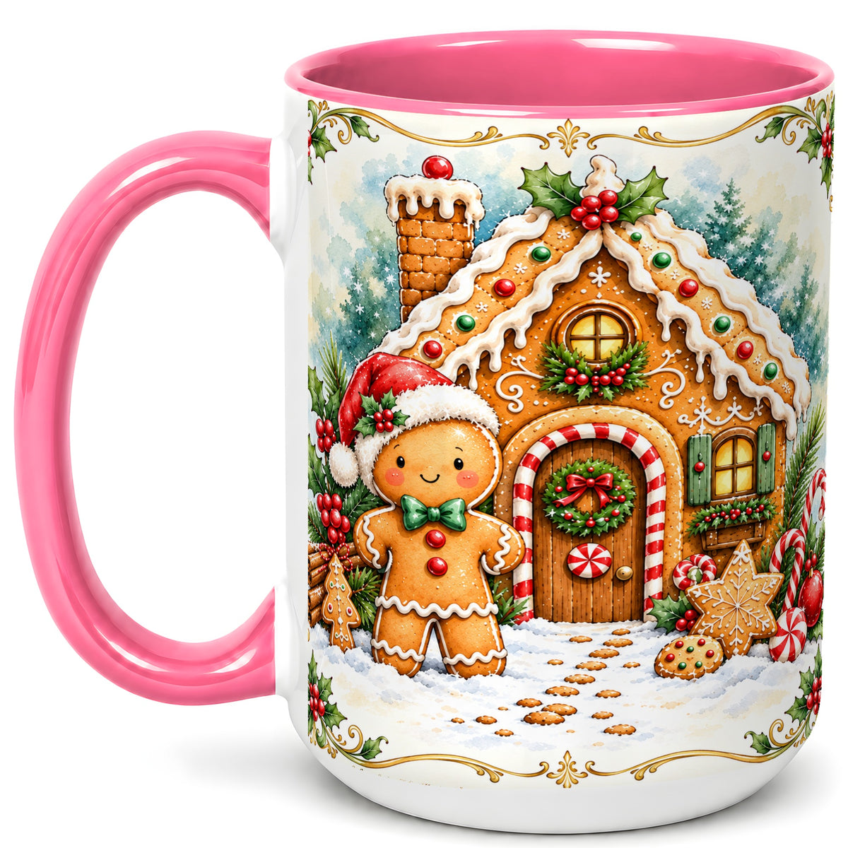 #pl[15oz|Pink] Gingerbread House Coffee Mug, Christmas Cookie Mug, Ceramic Cup