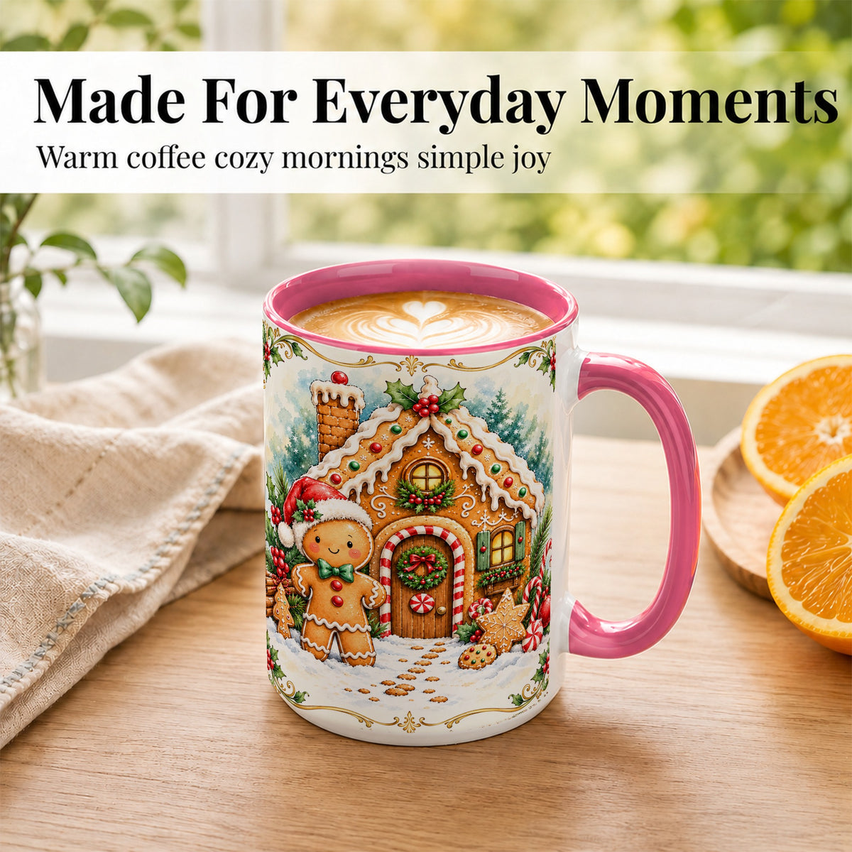 #pl[15oz|Pink] Gingerbread House Coffee Mug, Christmas Cookie Mug, Ceramic Cup