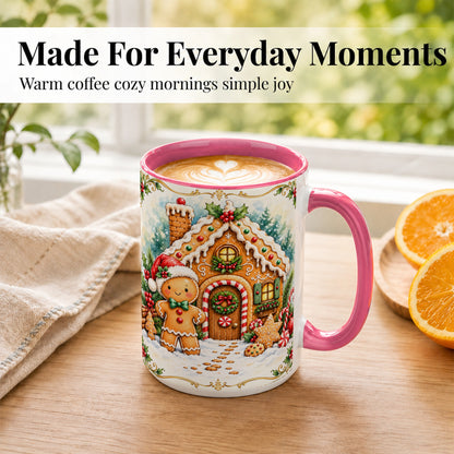 #pl[15oz|Pink] Gingerbread House Coffee Mug, Christmas Cookie Mug, Ceramic Cup