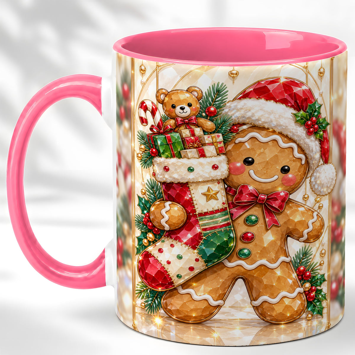 #pl[11oz|Pink] Gingerbread Stocking Coffee Mug, Christmas Cookie Mug, Ceramic Cup
