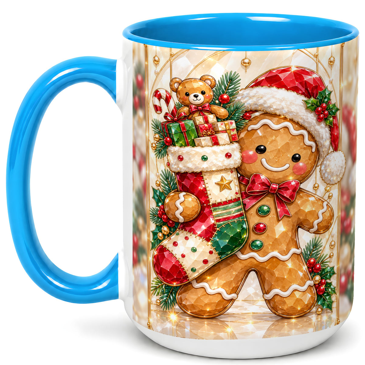 #pl[15oz|Blue] Gingerbread Stocking Coffee Mug, Christmas Cookie Mug, Ceramic Cup