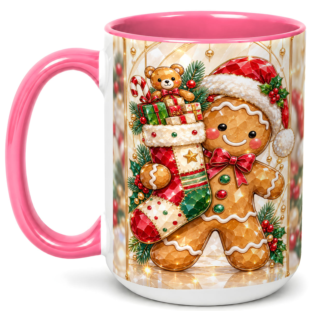 #pl[15oz|Pink] Gingerbread Stocking Coffee Mug, Christmas Cookie Mug, Ceramic Cup