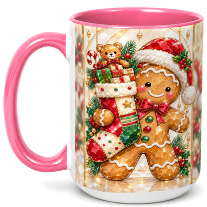 #pl[15oz|Pink] Gingerbread Stocking Coffee Mug, Christmas Cookie Mug, Ceramic Cup