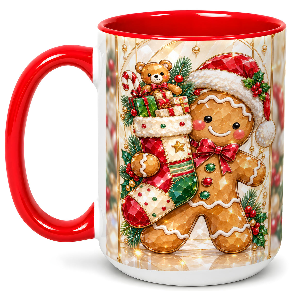 #pl[15oz|Red] Gingerbread Stocking Coffee Mug, Christmas Cookie Mug, Ceramic Cup