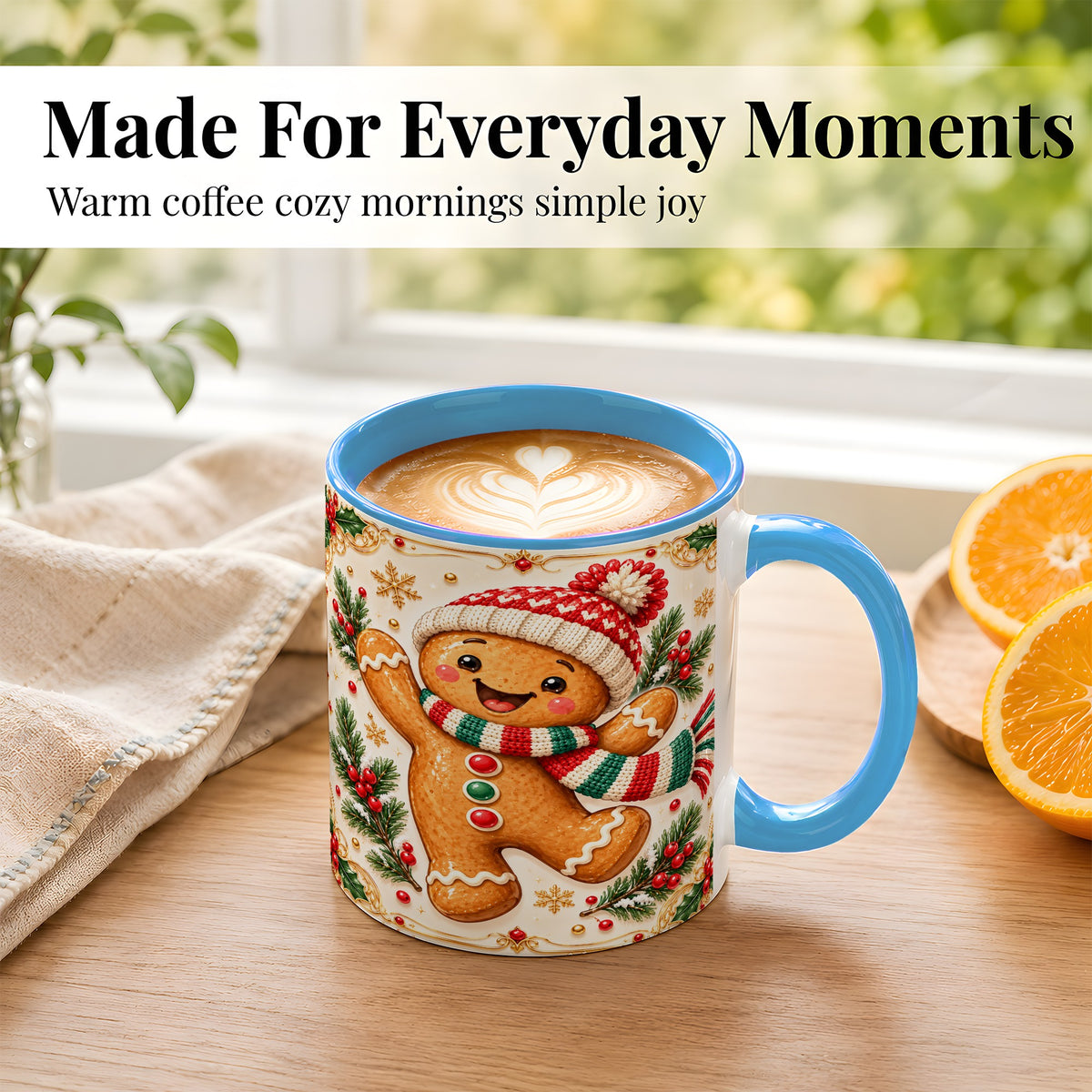#pl[11oz|Blue] Cheerful Gingerbread Coffee Mug, Christmas Cookie Mug, Ceramic Cup