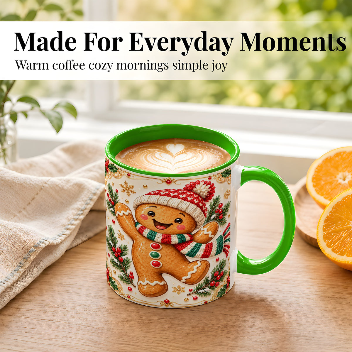 #pl[11oz|Green] Cheerful Gingerbread Coffee Mug, Christmas Cookie Mug, Ceramic Cup