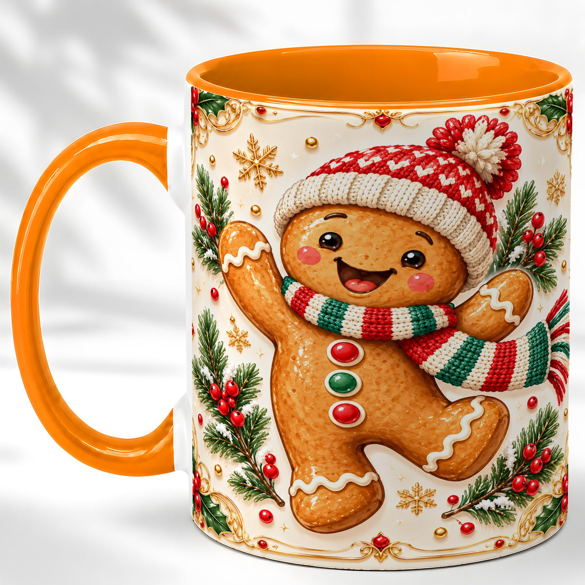 #pl[11oz|Orange] Cheerful Gingerbread Coffee Mug, Christmas Cookie Mug, Ceramic Cup