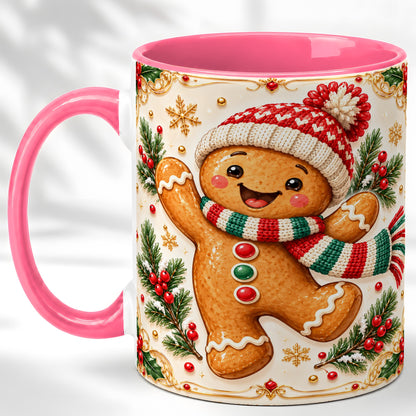 #pl[11oz|Pink] Cheerful Gingerbread Coffee Mug, Christmas Cookie Mug, Ceramic Cup