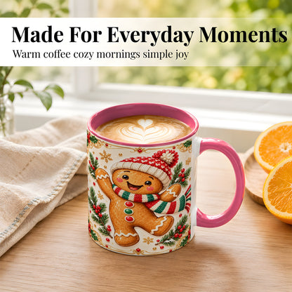 #pl[11oz|Pink] Cheerful Gingerbread Coffee Mug, Christmas Cookie Mug, Ceramic Cup