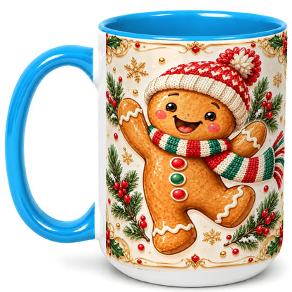 #pl[15oz|Blue] Cheerful Gingerbread Coffee Mug, Christmas Cookie Mug, Ceramic Cup