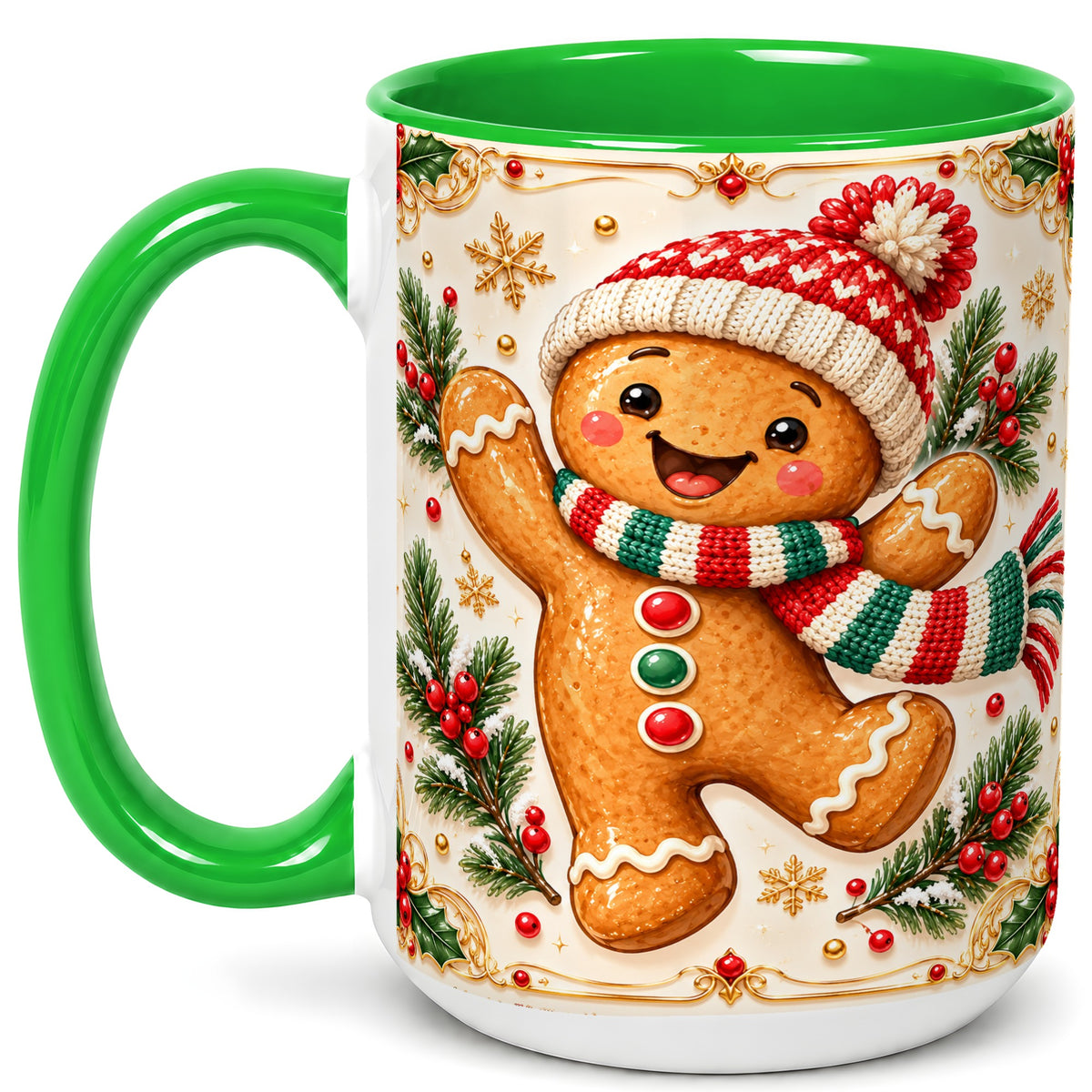 #pl[15oz|Green] Cheerful Gingerbread Coffee Mug, Christmas Cookie Mug, Ceramic Cup