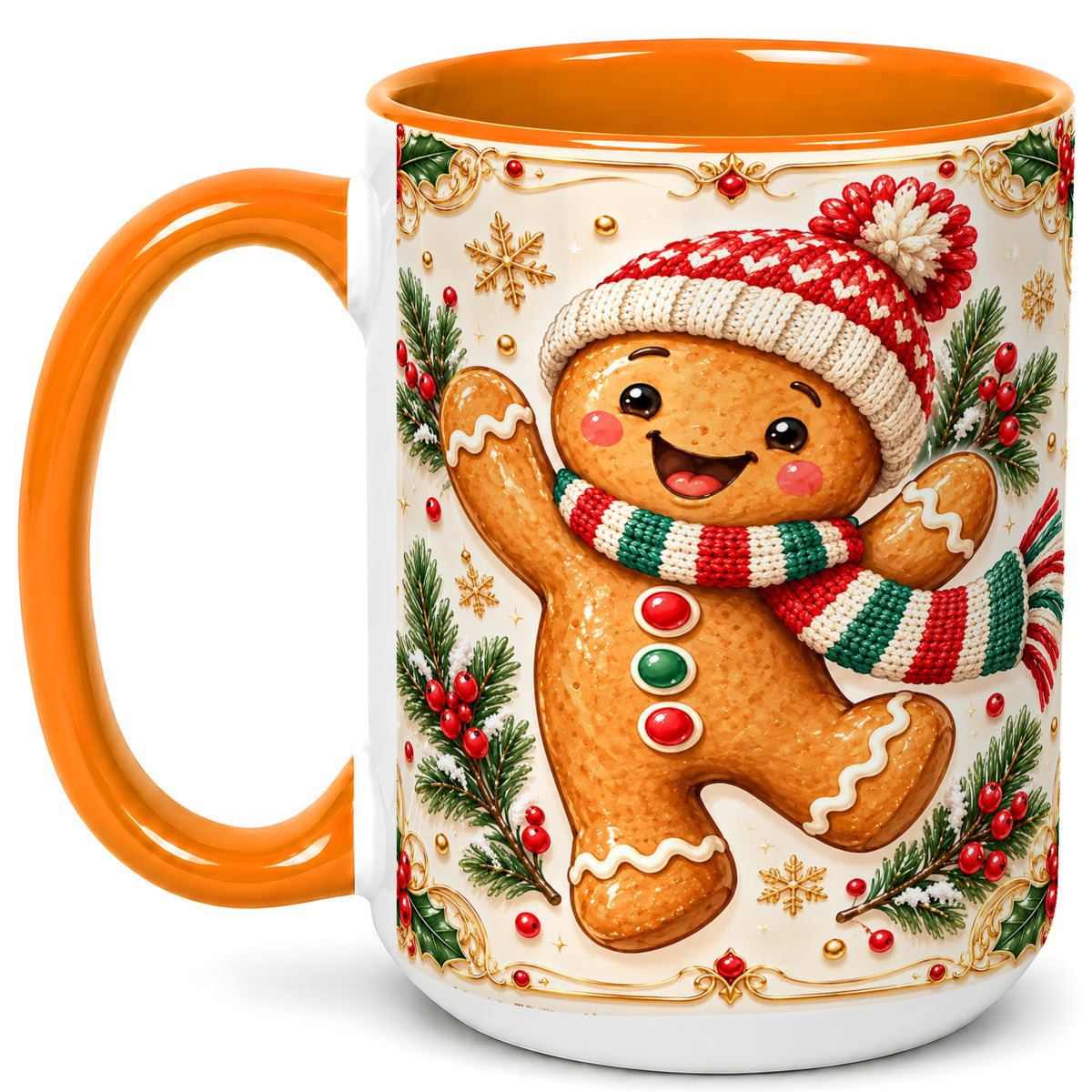 #pl[15oz|Orange] Cheerful Gingerbread Coffee Mug, Christmas Cookie Mug, Ceramic Cup