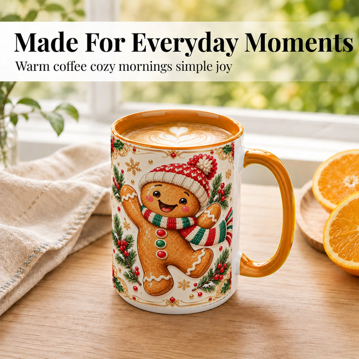 #pl[15oz|Orange] Cheerful Gingerbread Coffee Mug, Christmas Cookie Mug, Ceramic Cup