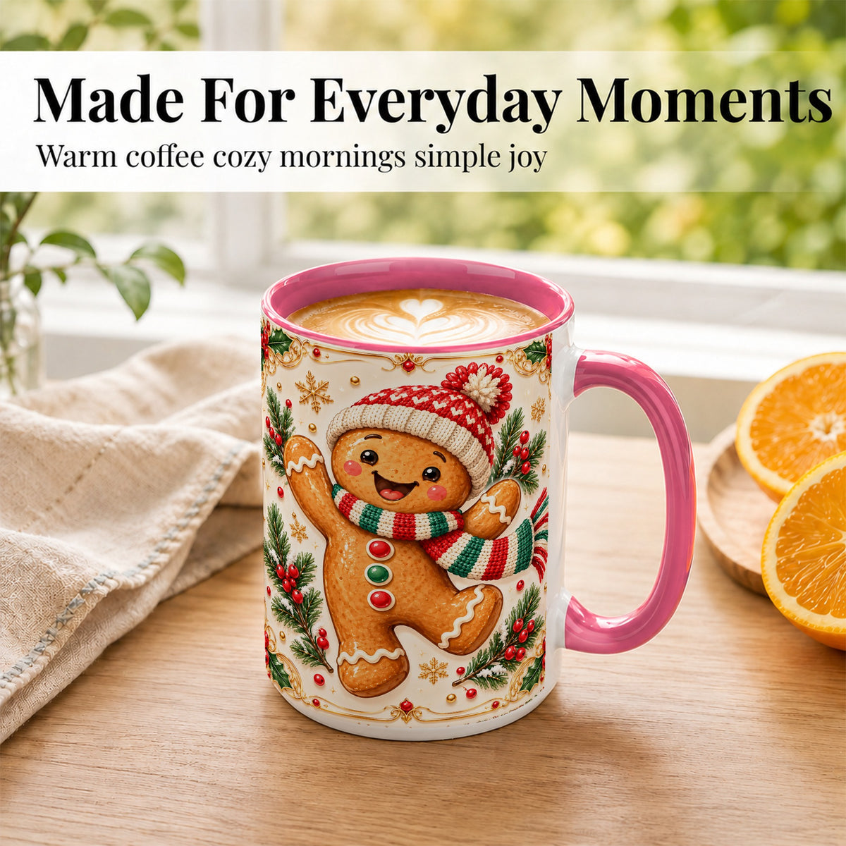 #pl[15oz|Pink] Cheerful Gingerbread Coffee Mug, Christmas Cookie Mug, Ceramic Cup