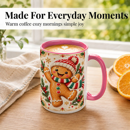 #pl[15oz|Pink] Cheerful Gingerbread Coffee Mug, Christmas Cookie Mug, Ceramic Cup