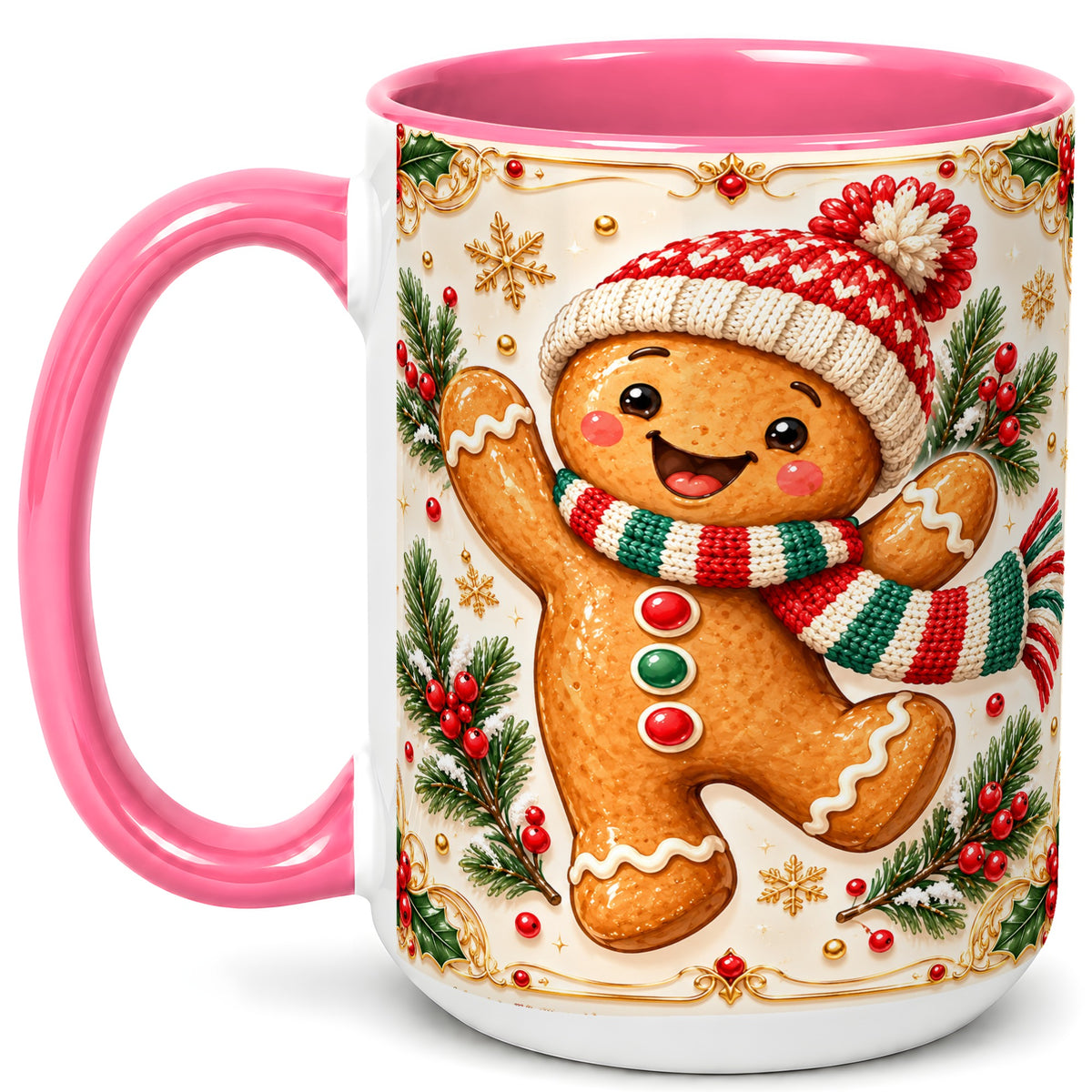 #pl[15oz|Pink] Cheerful Gingerbread Coffee Mug, Christmas Cookie Mug, Ceramic Cup