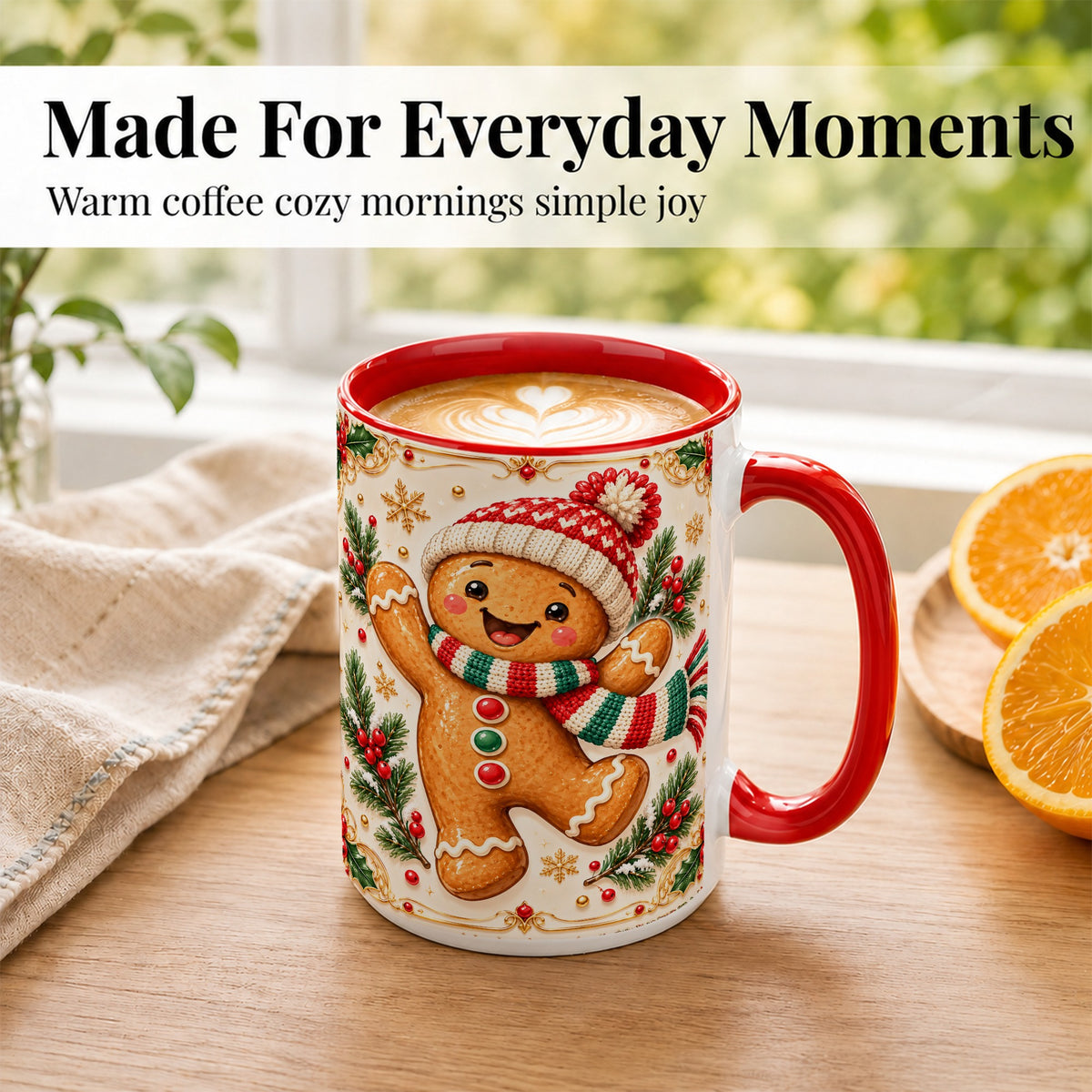 #pl[15oz|Red] Cheerful Gingerbread Coffee Mug, Christmas Cookie Mug, Ceramic Cup