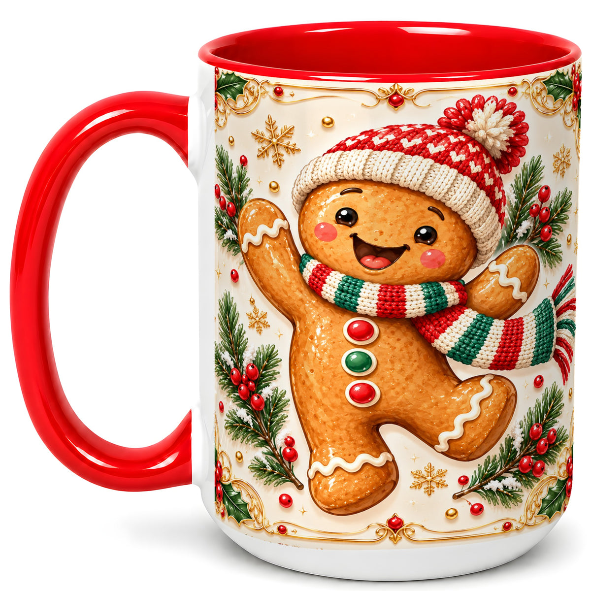 #pl[15oz|Red] Cheerful Gingerbread Coffee Mug, Christmas Cookie Mug, Ceramic Cup