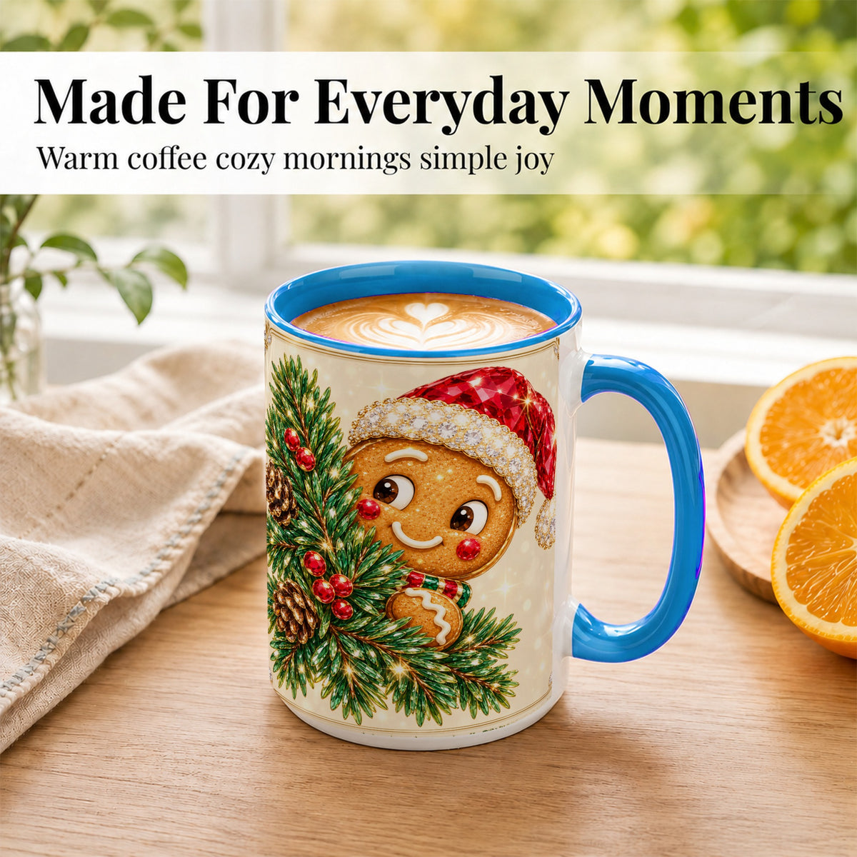 #pl[15oz|Blue] Gingerbread Santa Coffee Mug, Christmas Cookie Mug, Ceramic Cup