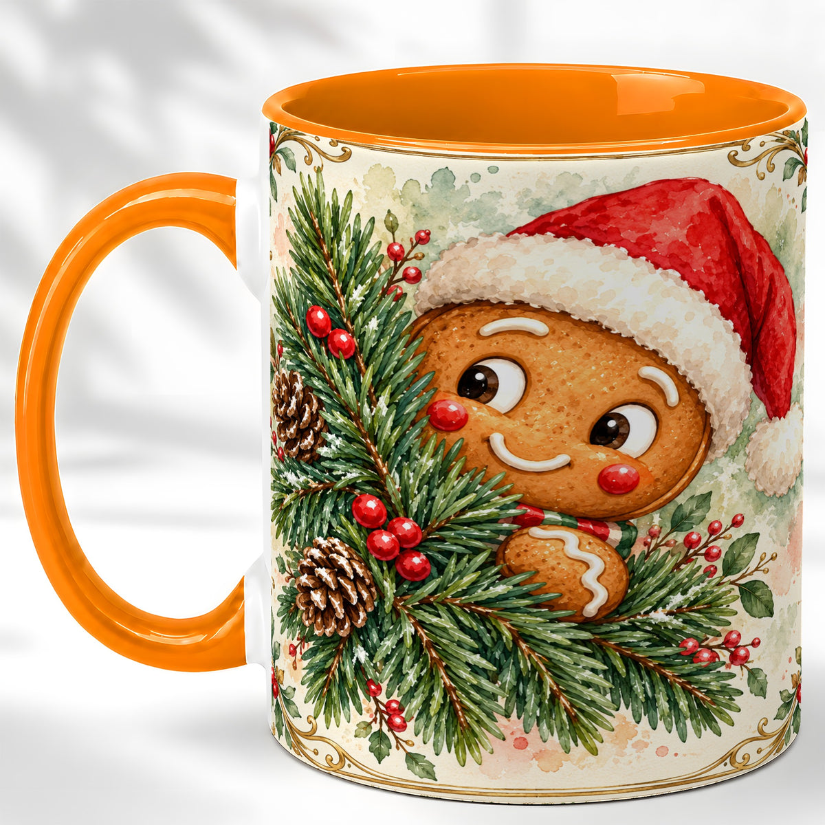 #pl[11oz|Orange] Watercolor Gingerbread Coffee Mug, Christmas Cookie Mug, Ceramic Cup