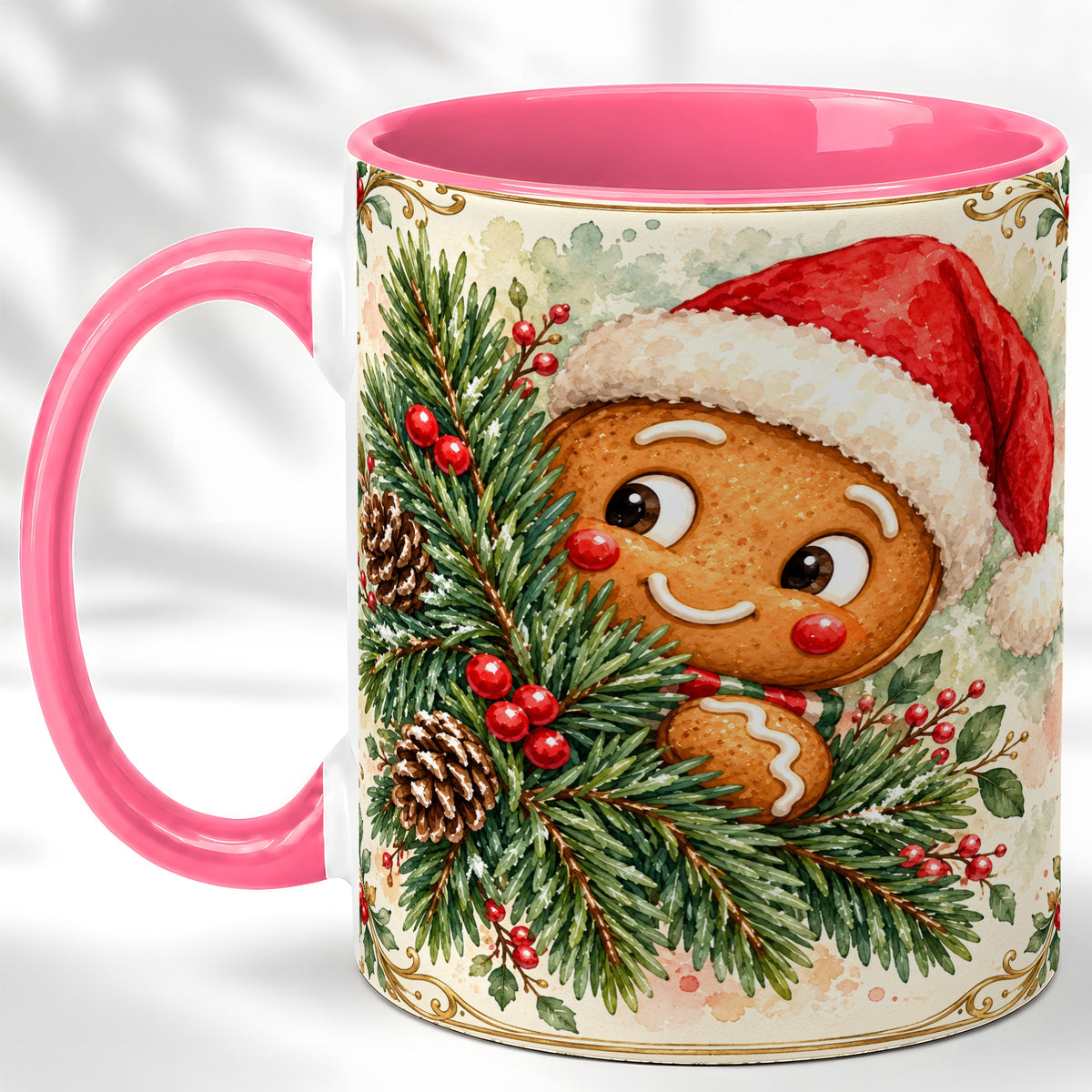 #pl[11oz|Pink] Watercolor Gingerbread Coffee Mug, Christmas Cookie Mug, Ceramic Cup