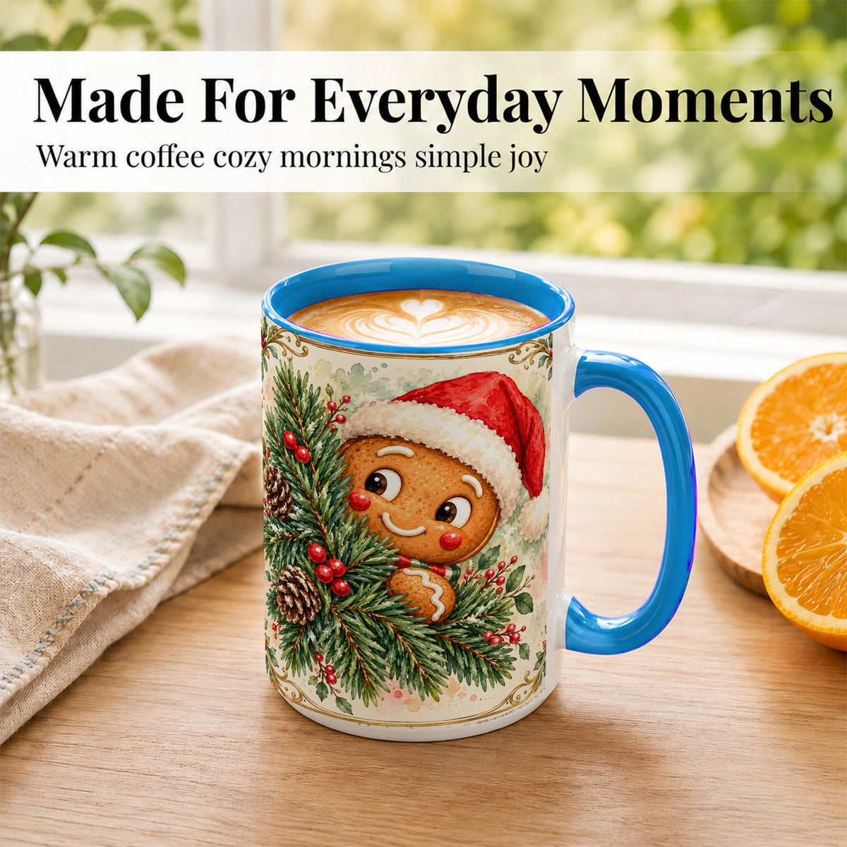 #pl[15oz|Blue] Watercolor Gingerbread Coffee Mug, Christmas Cookie Mug, Ceramic Cup