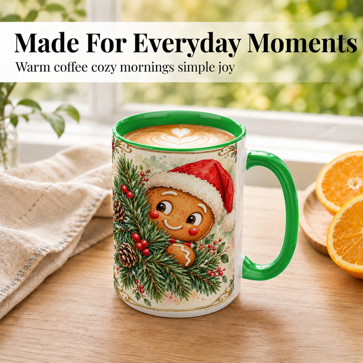 #pl[15oz|Green] Watercolor Gingerbread Coffee Mug, Christmas Cookie Mug, Ceramic Cup