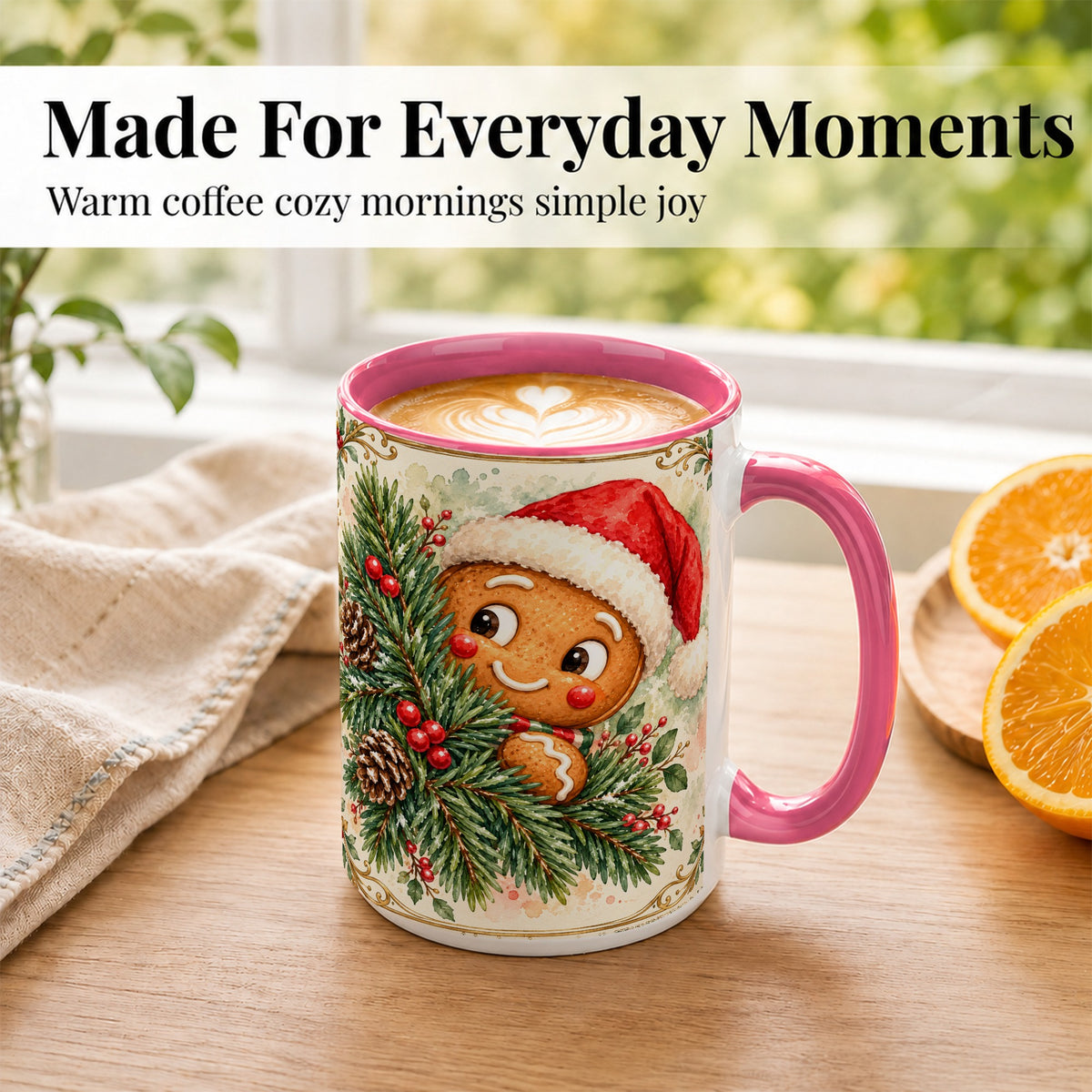 #pl[15oz|Pink] Watercolor Gingerbread Coffee Mug, Christmas Cookie Mug, Ceramic Cup