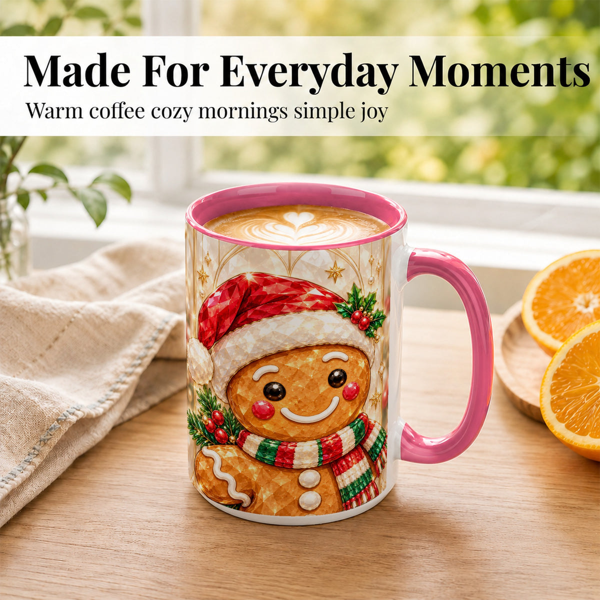 #pl[15oz|Pink] Gingerbread Scarf Coffee Mug, Christmas Cookie Mug, Ceramic Cup