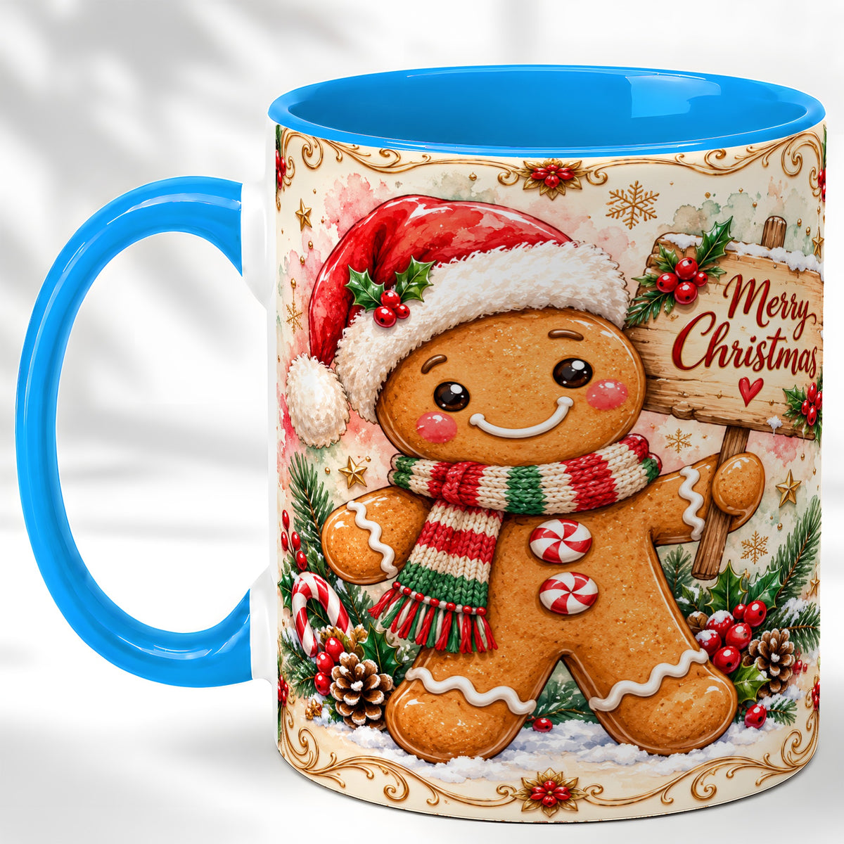 #pl[11oz|Blue] Gingerbread Christmas Coffee Mug, Holiday Cookie Mug, Ceramic Cup