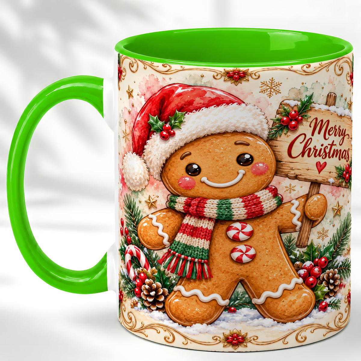 #pl[11oz|Green] Gingerbread Christmas Coffee Mug, Holiday Cookie Mug, Ceramic Cup