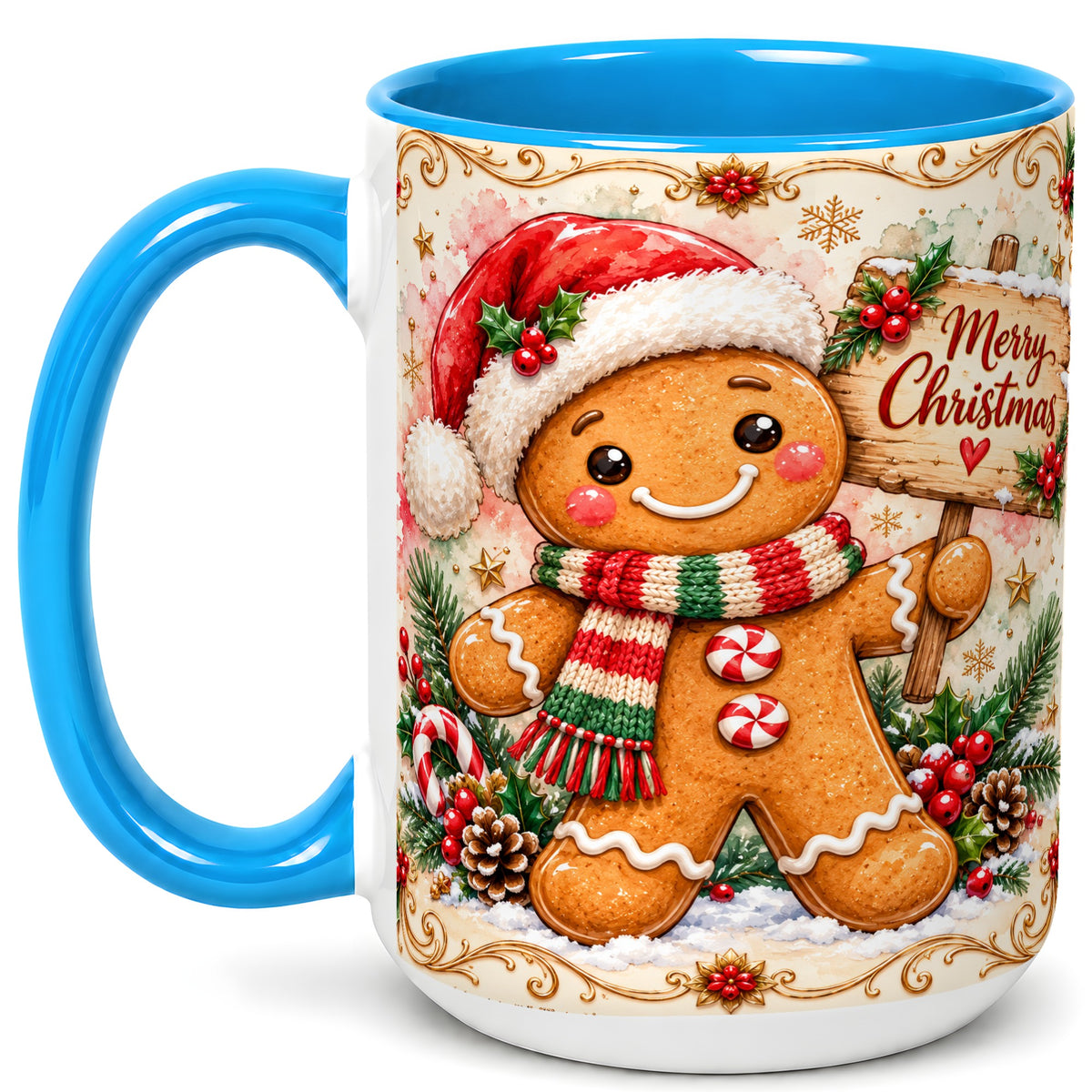 #pl[15oz|Blue] Gingerbread Christmas Coffee Mug, Holiday Cookie Mug, Ceramic Cup