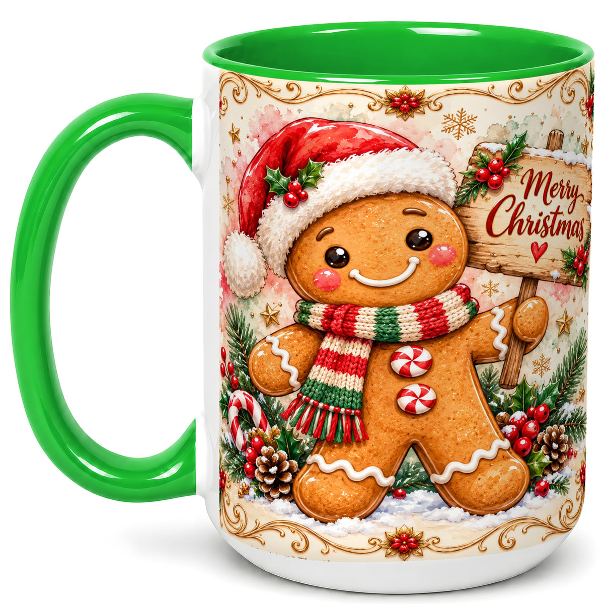 #pl[15oz|Green] Gingerbread Christmas Coffee Mug, Holiday Cookie Mug, Ceramic Cup