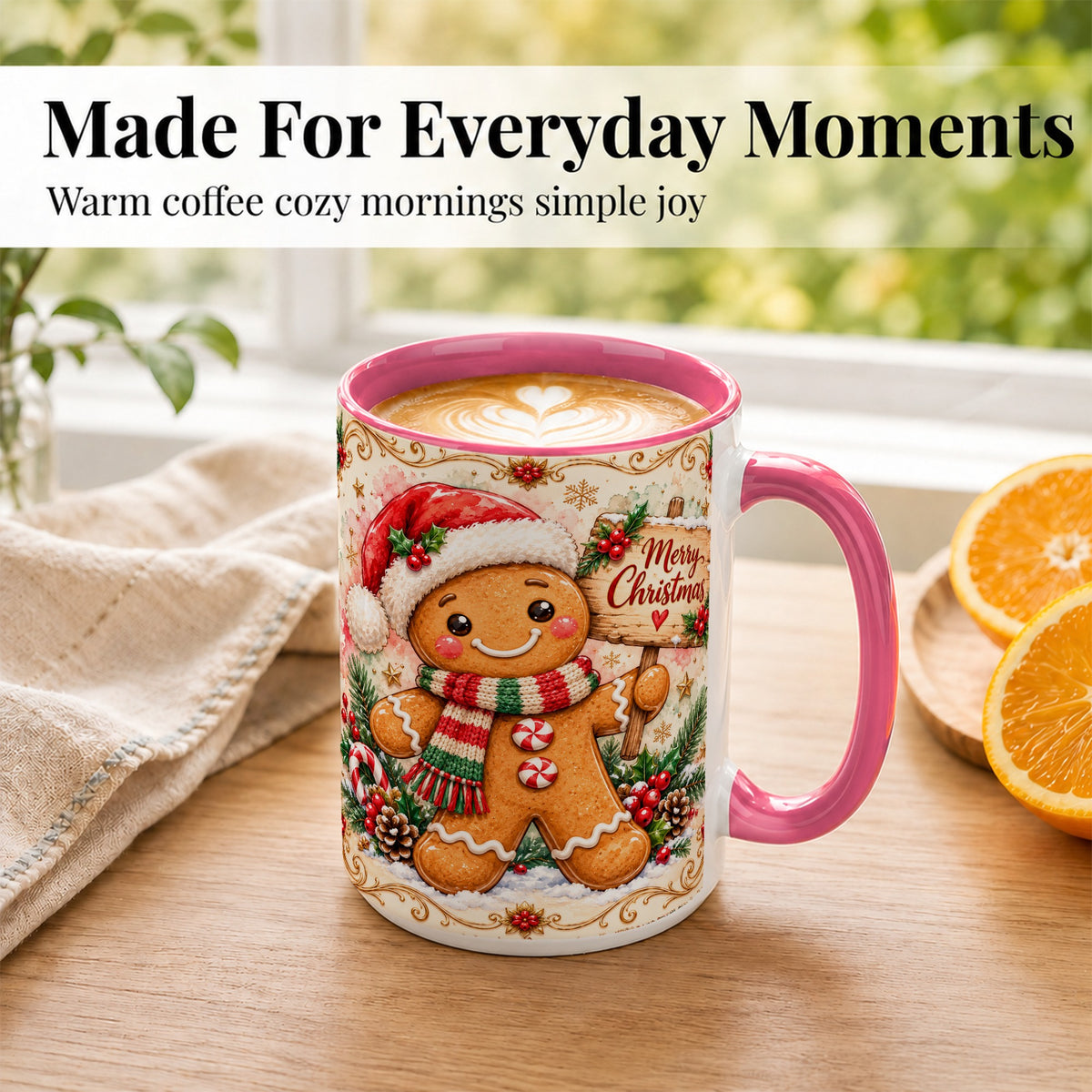 #pl[15oz|Pink] Gingerbread Christmas Coffee Mug, Holiday Cookie Mug, Ceramic Cup