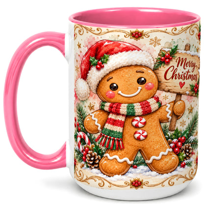 #pl[15oz|Pink] Gingerbread Christmas Coffee Mug, Holiday Cookie Mug, Ceramic Cup