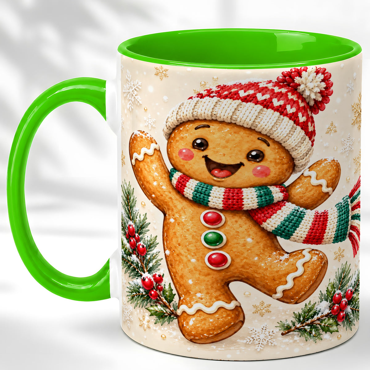 #pl[11oz|Green] Gingerbread Christmas Coffee Mug, Winter Cookie Mug, Ceramic Cup