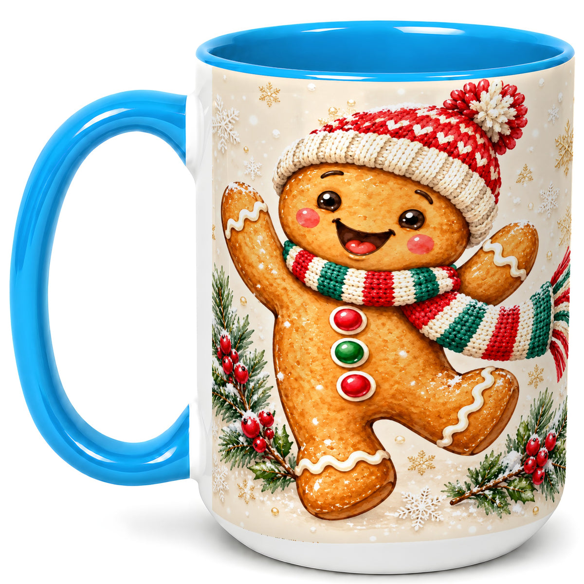 #pl[15oz|Blue] Gingerbread Christmas Coffee Mug, Winter Cookie Mug, Ceramic Cup