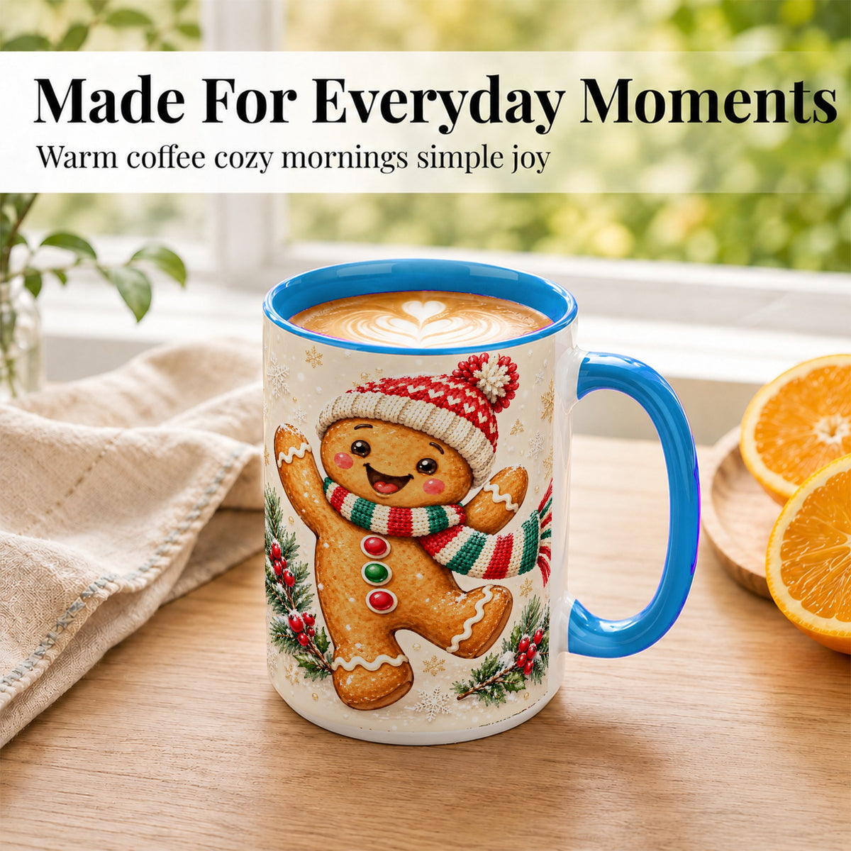 #pl[15oz|Blue] Gingerbread Christmas Coffee Mug, Winter Cookie Mug, Ceramic Cup