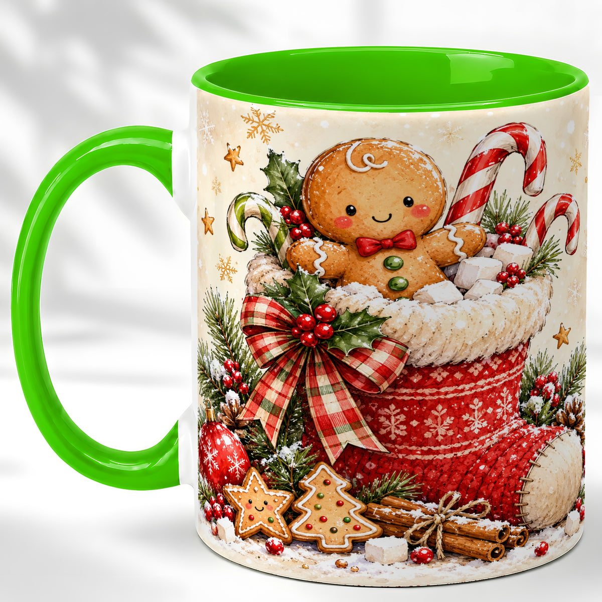 #pl[11oz|Green] Gingerbread Stocking Coffee Mug, Christmas Cookie Mug, Ceramic Cup