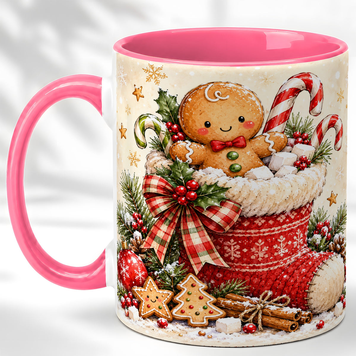 #pl[11oz|Pink] Gingerbread Stocking Coffee Mug, Christmas Cookie Mug, Ceramic Cup