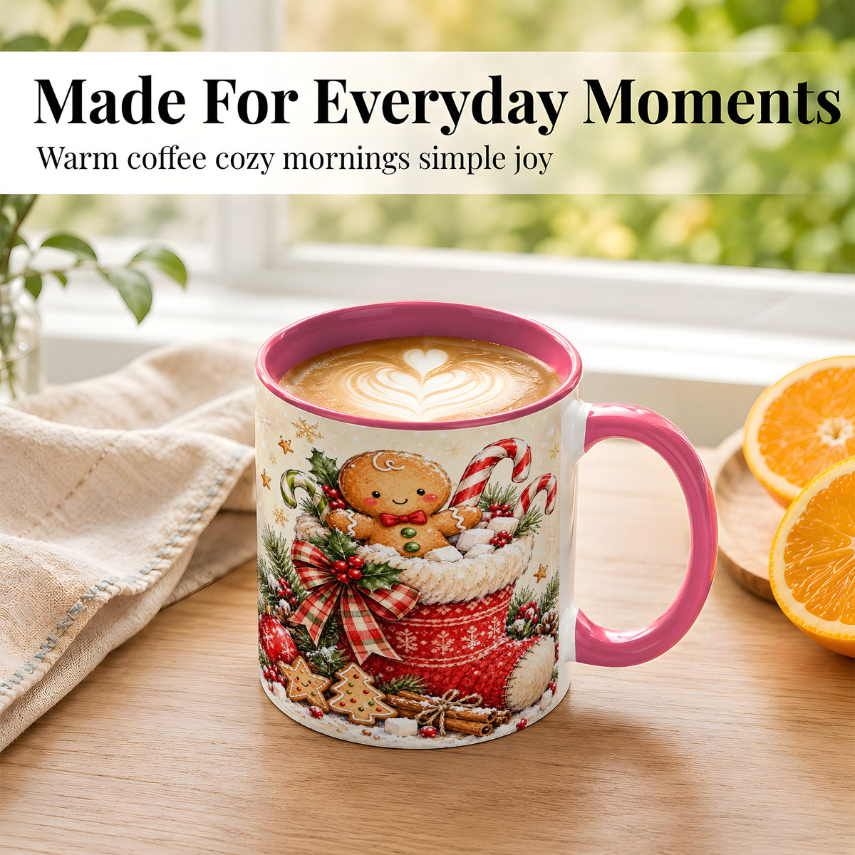 #pl[11oz|Pink] Gingerbread Stocking Coffee Mug, Christmas Cookie Mug, Ceramic Cup