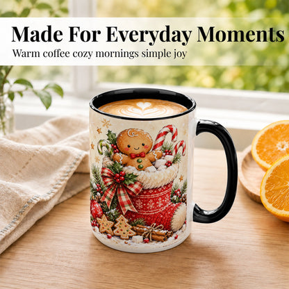 #pl[15oz|Black] Gingerbread Stocking Coffee Mug, Christmas Cookie Mug, Ceramic Cup