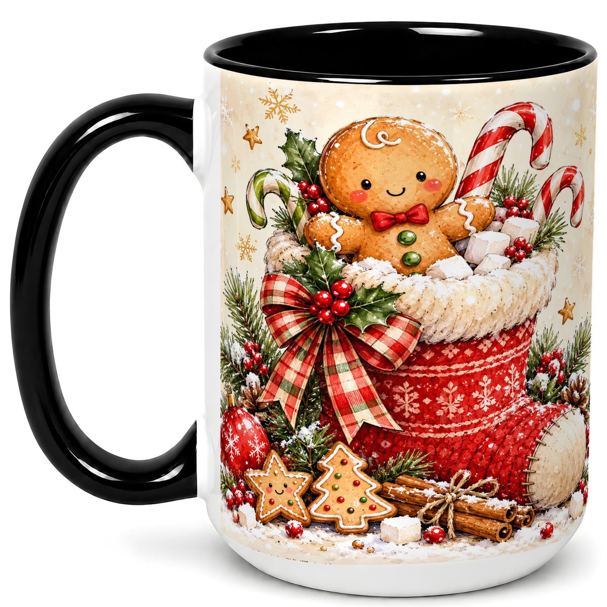 #pl[15oz|Black] Gingerbread Stocking Coffee Mug, Christmas Cookie Mug, Ceramic Cup