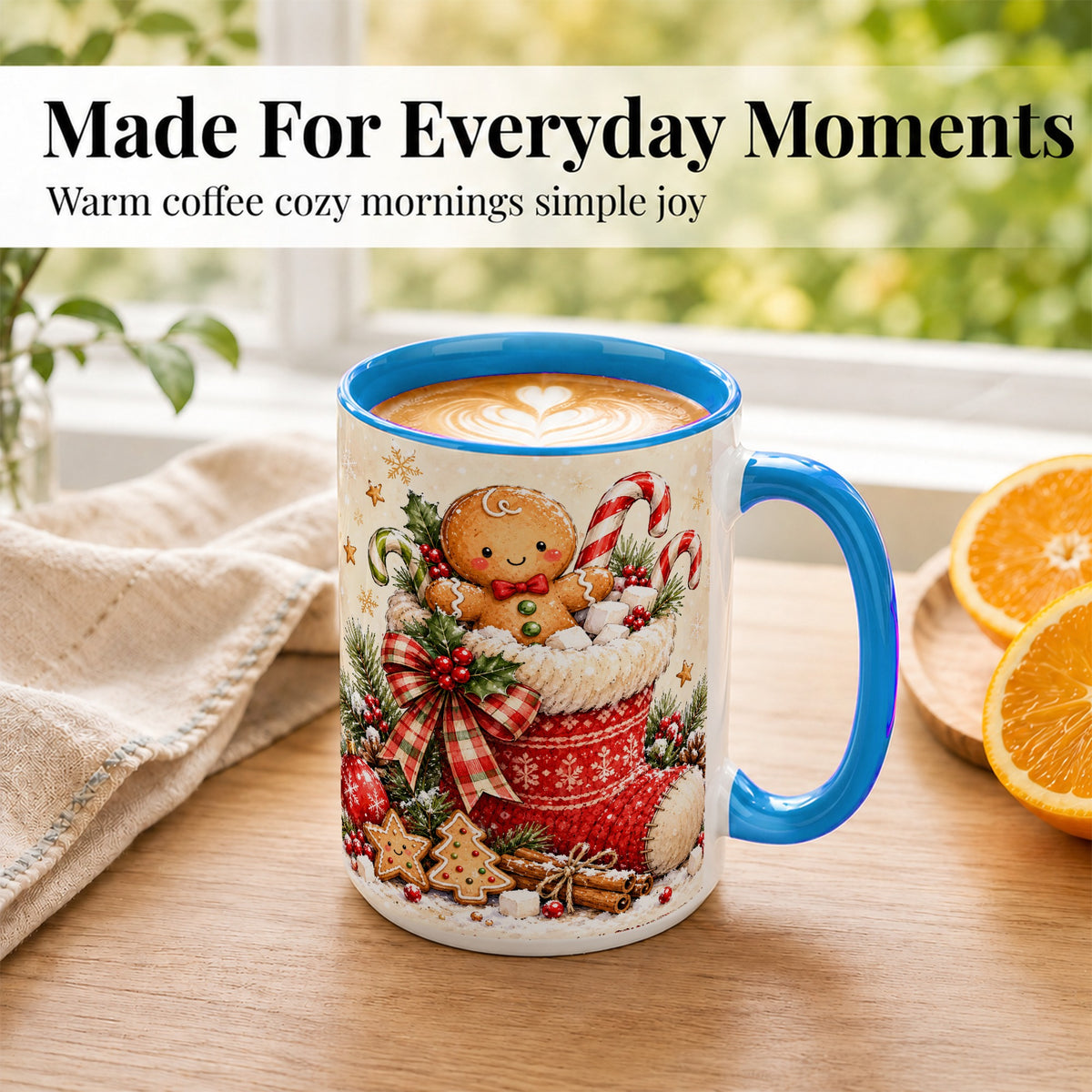 #pl[15oz|Blue] Gingerbread Stocking Coffee Mug, Christmas Cookie Mug, Ceramic Cup