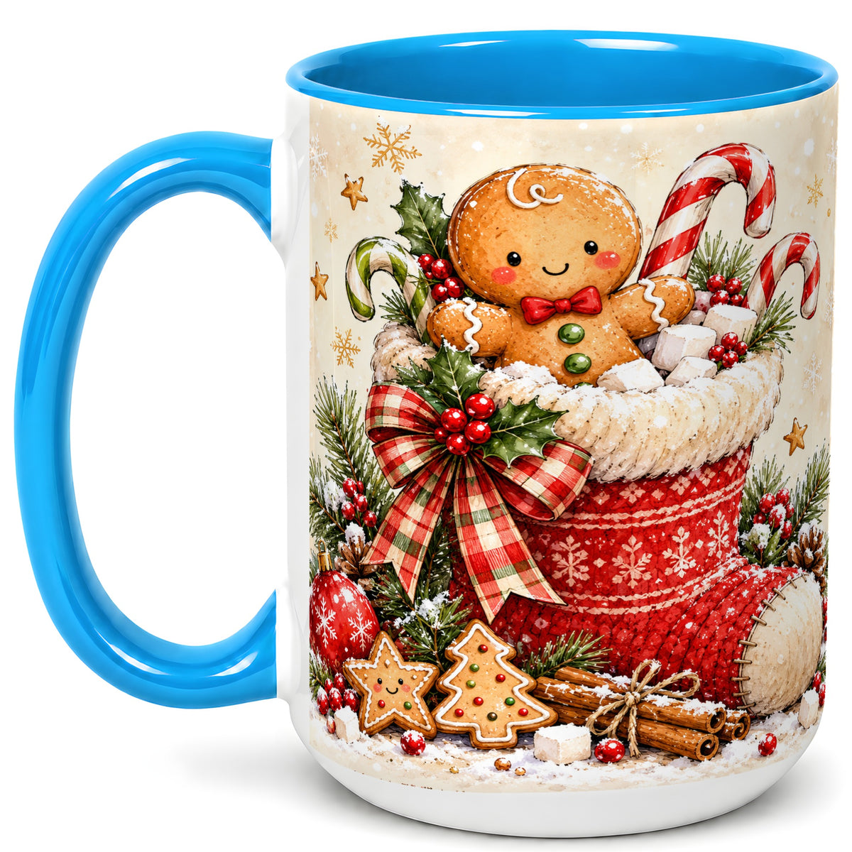 #pl[15oz|Blue] Gingerbread Stocking Coffee Mug, Christmas Cookie Mug, Ceramic Cup